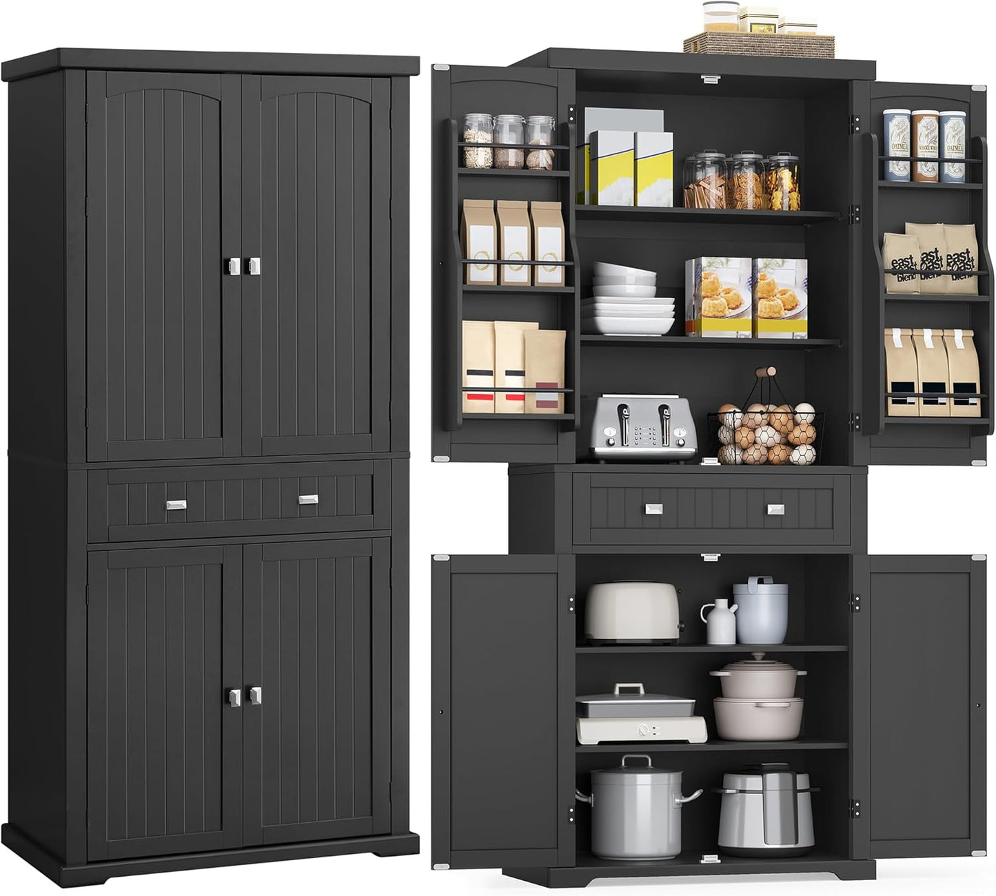 Pantry Cabinet, 71.7-Inch High Freestanding Tall Cupboard Storage Cabinet with a Drawer, 2 Cabinets, 4 Adjustable Shelves, 6 Door Shelves, for Living Room, Kitchen, Ink Black UBBC561B12