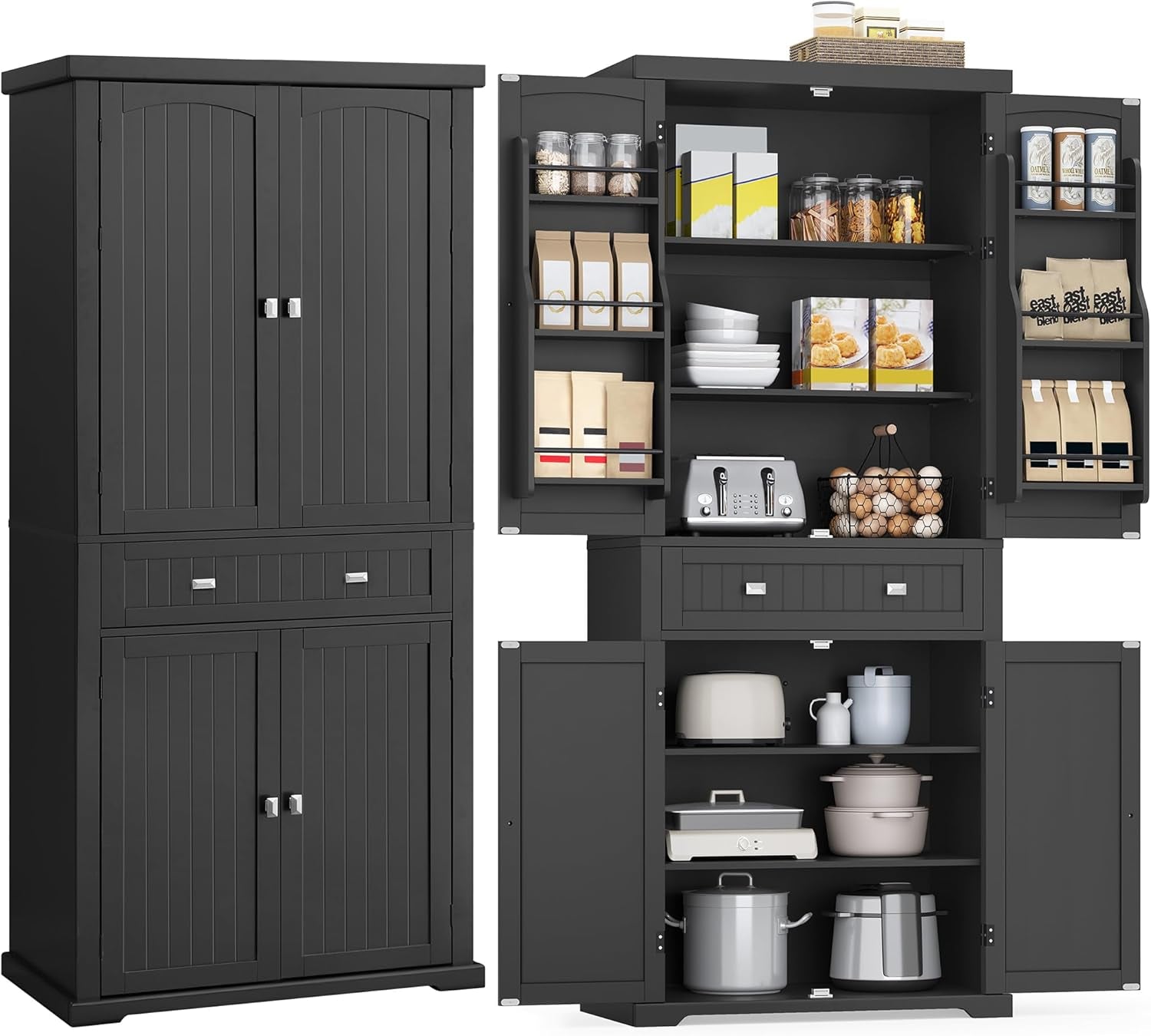 Pantry Cabinet, 71.7-Inch High Freestanding Tall Cupboard Storage Cabinet with a Drawer, 2 Cabinets, 4 Adjustable Shelves, 6 Door Shelves, for Living Room, Kitchen, Ink Black UBBC561B12