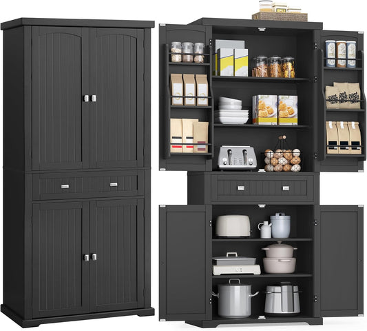 Pantry Cabinet, 71.7-Inch High Freestanding Tall Cupboard Storage Cabinet with a Drawer, 2 Cabinets, 4 Adjustable Shelves, 6 Door Shelves, for Living Room, Kitchen, Ink Black UBBC561B12