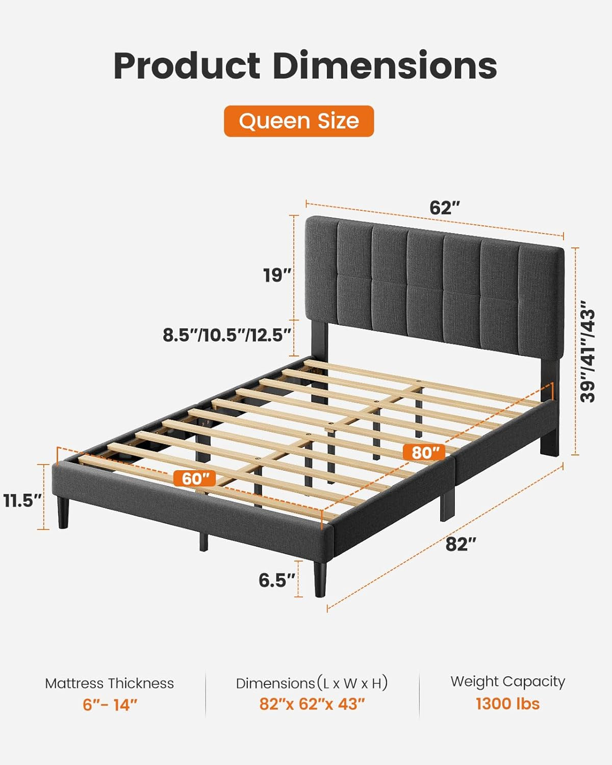 Queen Bed Frame with 12 Thickened Legs&Fabric Upholstered Headboard,1300 Lbs Strong Weight Capacity, Adjustable Headboard, No Box Spring Needed, Easy Assembly, Underbed Storage（Solid Wooden）