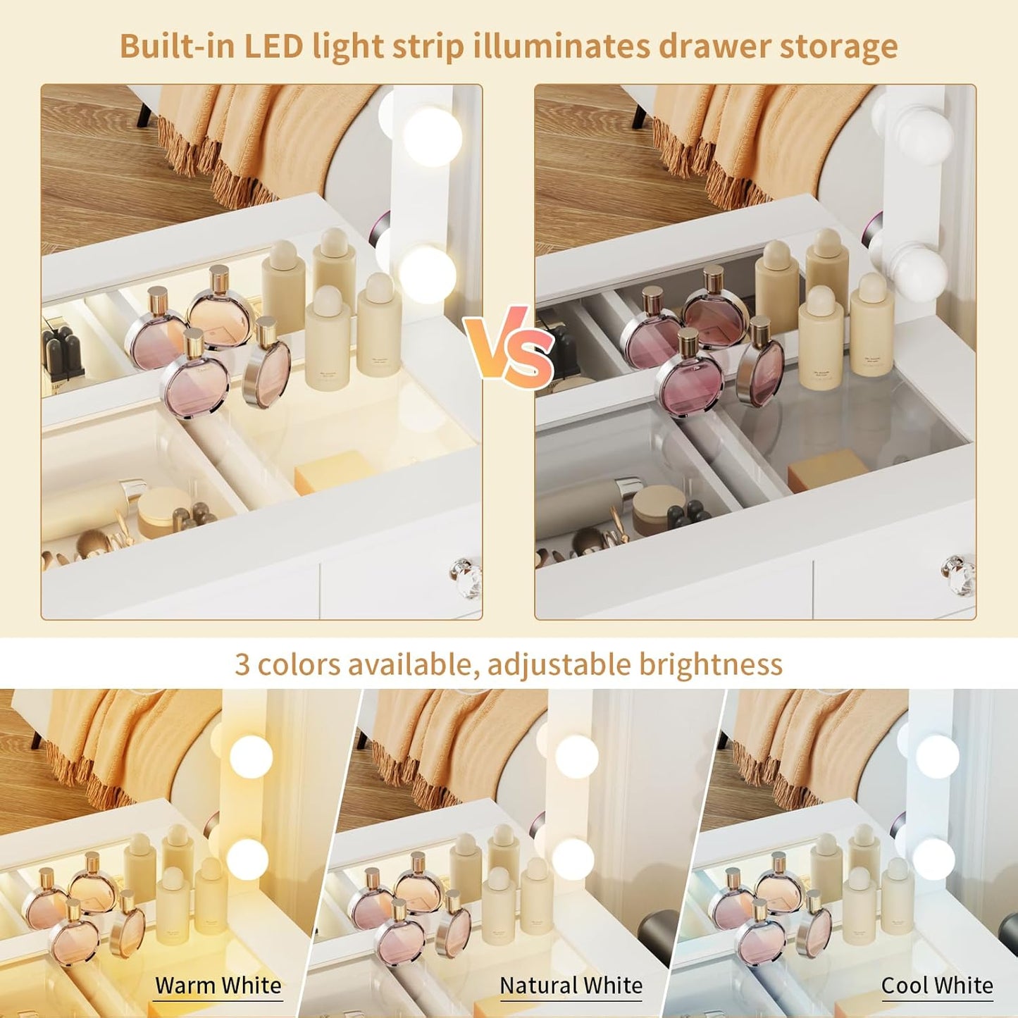 Vanity with Lighted Mirror - Makeup Vanity Desk with Glass Top and 11 Drawers, 3 Color Lighting Modes Adjustable Brightness, 46" Vanity Table with Soft Cushioned Stool for Bedroom, White