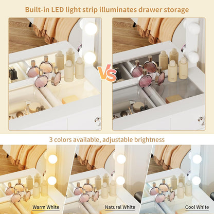 Vanity with Lighted Mirror - Makeup Vanity Desk with Glass Top and 11 Drawers, 3 Color Lighting Modes Adjustable Brightness, 46" Vanity Table with Soft Cushioned Stool for Bedroom, White