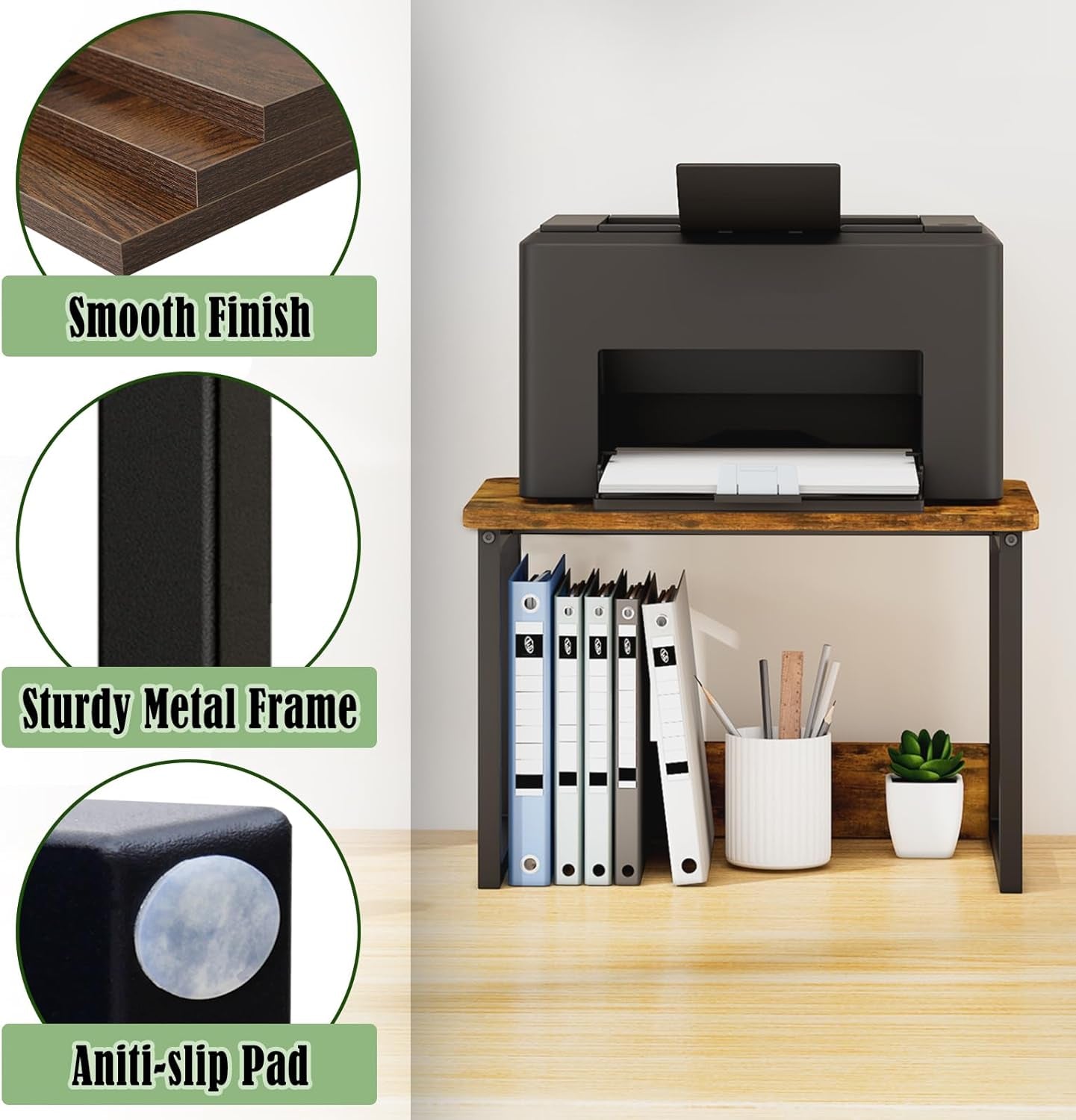 Printer Stand with Storage for Desk, Desktop Printer Stand Shelf Organzier for Home/Office Heavy Duty Printer Riser under Desk Small Printer Table for Fax Machine Copier Scanner(Rustic Brown)