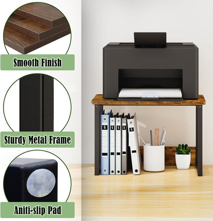Printer Stand with Storage for Desk, Desktop Printer Stand Shelf Organzier for Home/Office Heavy Duty Printer Riser under Desk Small Printer Table for Fax Machine Copier Scanner(Rustic Brown)