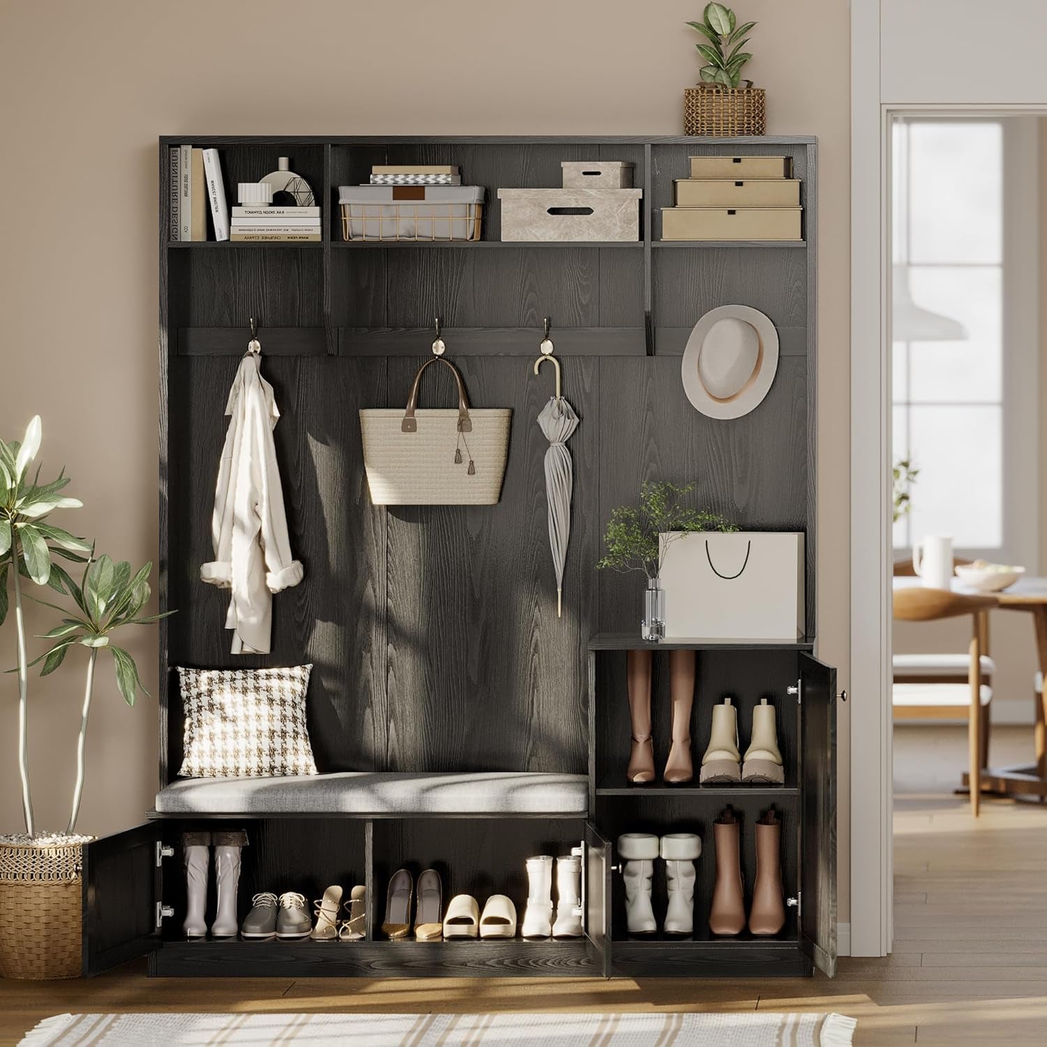 79 in Hall Tree, 5-In-1 Modern Entryway Bench with Coat Rack & Storage, Hall Tree with 4 Hanging Hooks, 3 Open Compartments & Adjustable Shelf, Coat Rack Freestanding for Entryway, Living Room, Black