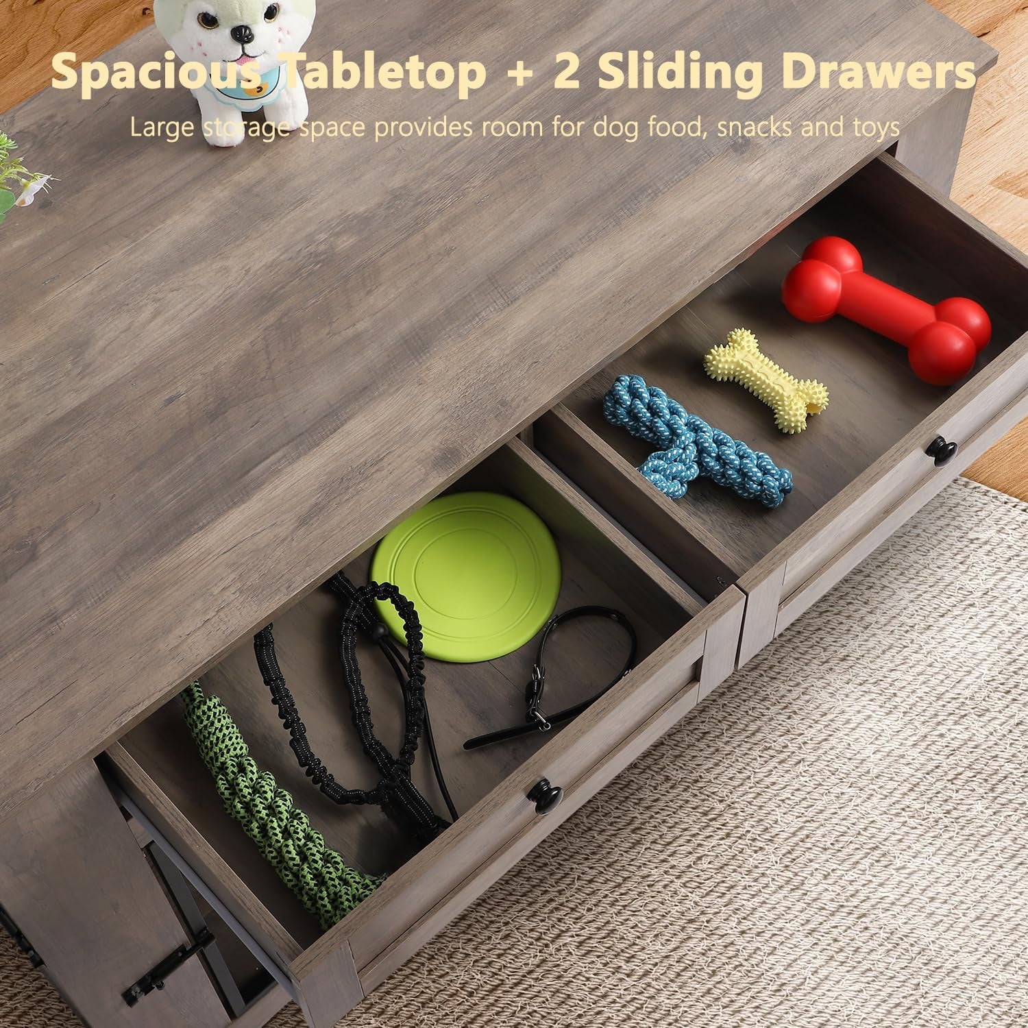 Large Dog Crate Furniture-Decorative Heavy Duty Dog Cage Indoor, Wooden Dog Cage End Table with Charging Station, Dog House with 2 Drawers (Gray, 47.2''L)