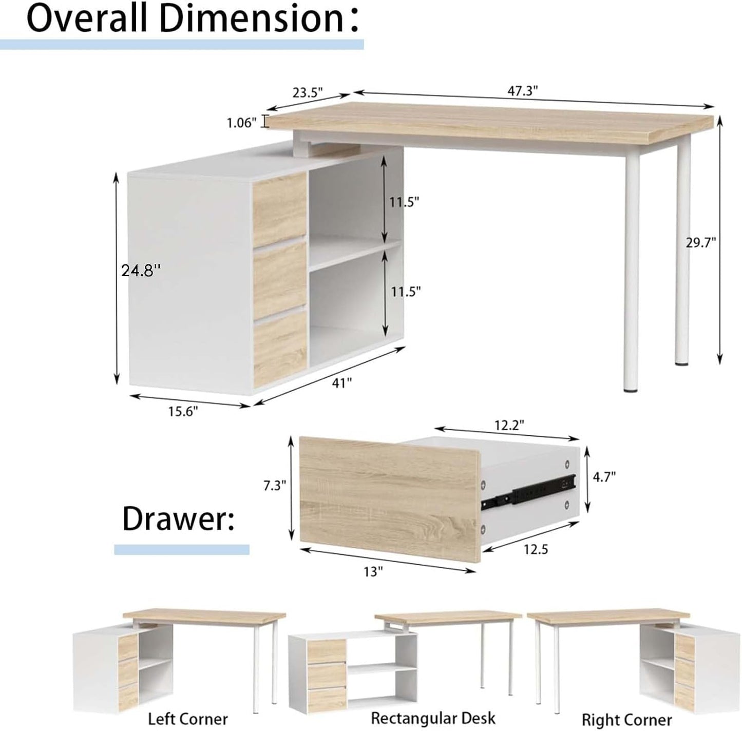 L Shaped Computer Desk, 47 Inch Home Office Desk with File Drawers & Storage Shelves, Small Corner Computer Desk for Small Space (White + Walnut)