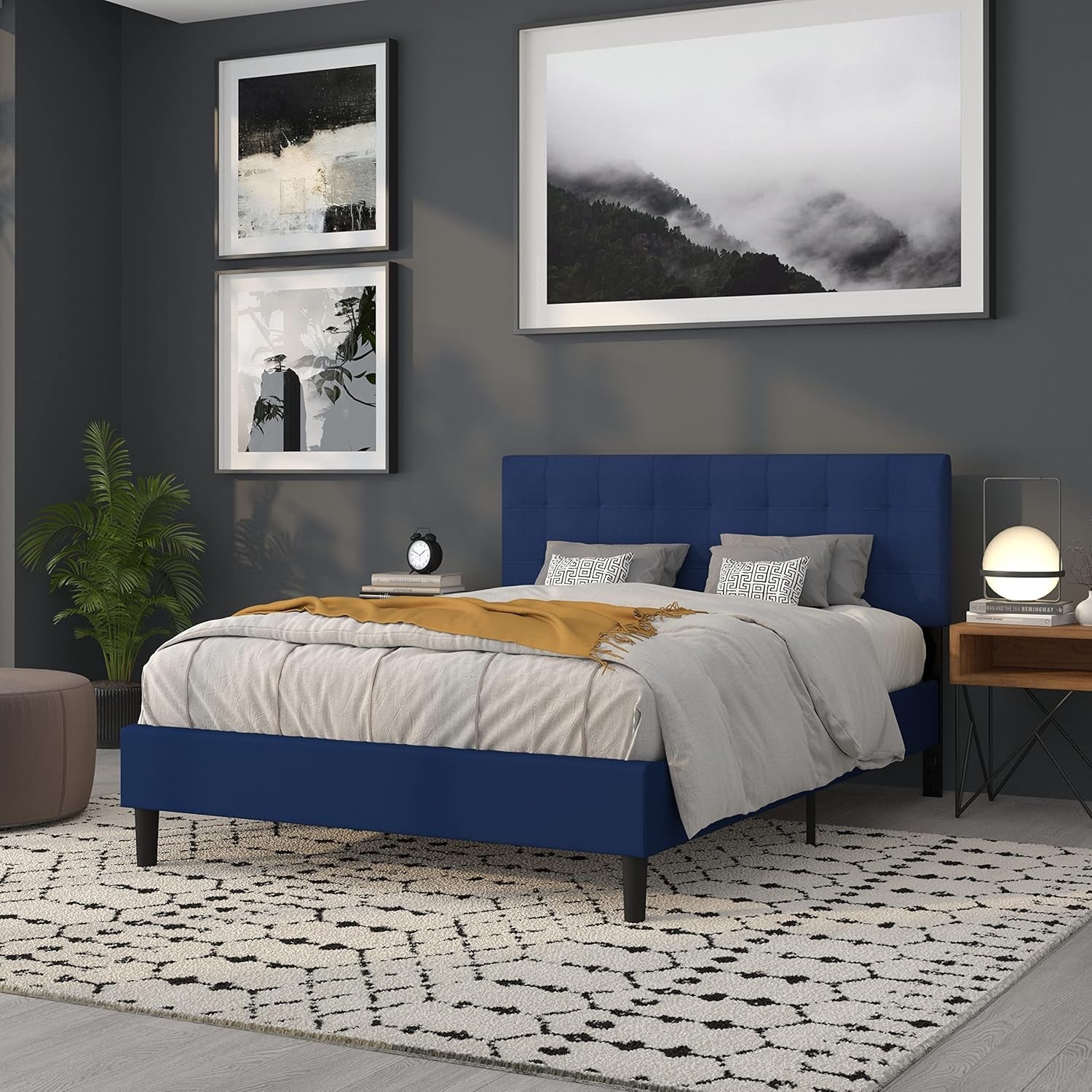Bedford Box Stitch Tufted Upholstered Queen Size Headboard in Navy Fabric