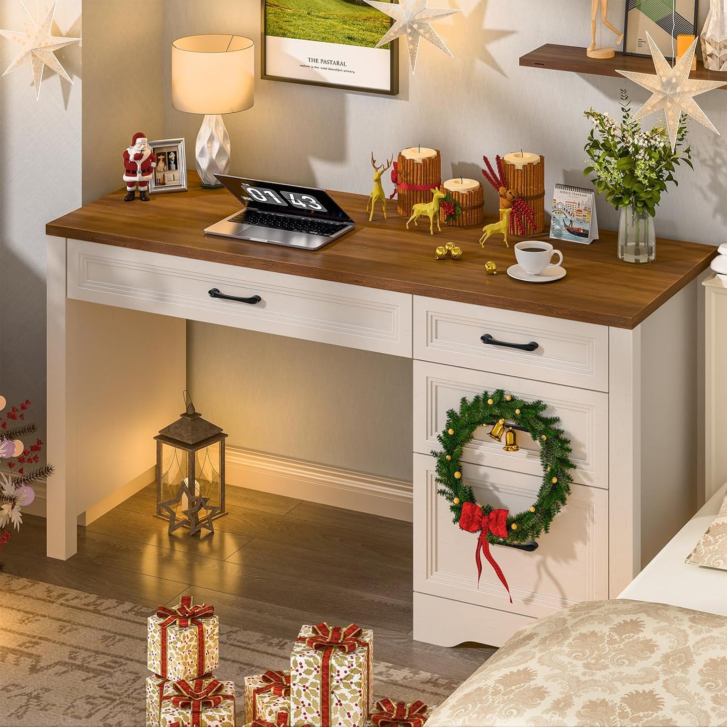 Farmhouse Executive Desk with Storage and Ample File Drawer, Rustic Large Home Writing Desk for Bedroom, White