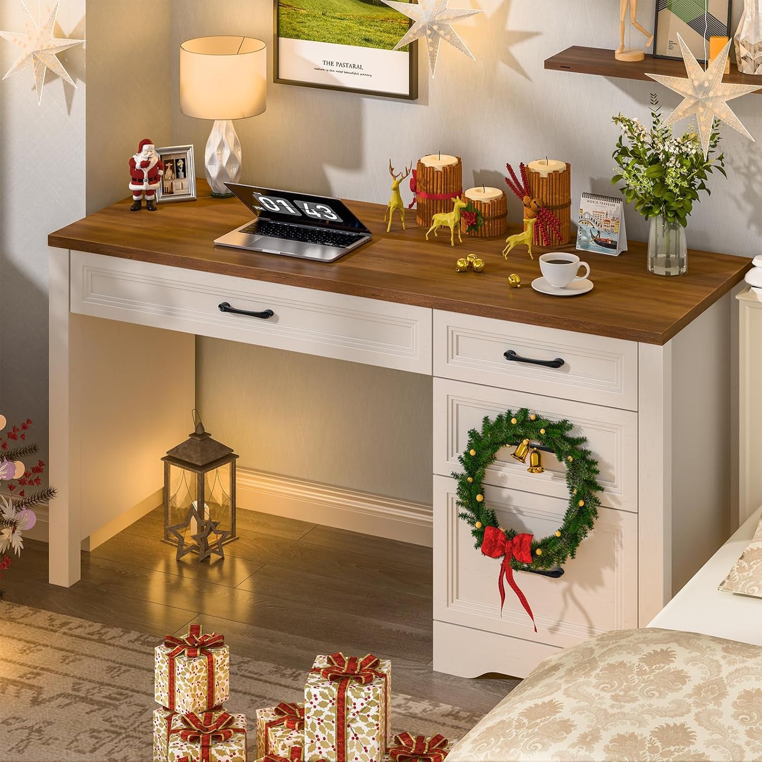 Farmhouse Executive Desk with Storage and Ample File Drawer, Rustic Large Home Writing Desk for Bedroom, White