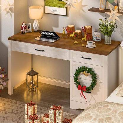 Farmhouse Executive Desk with Storage and Ample File Drawer, Rustic Large Home Writing Desk for Bedroom, White