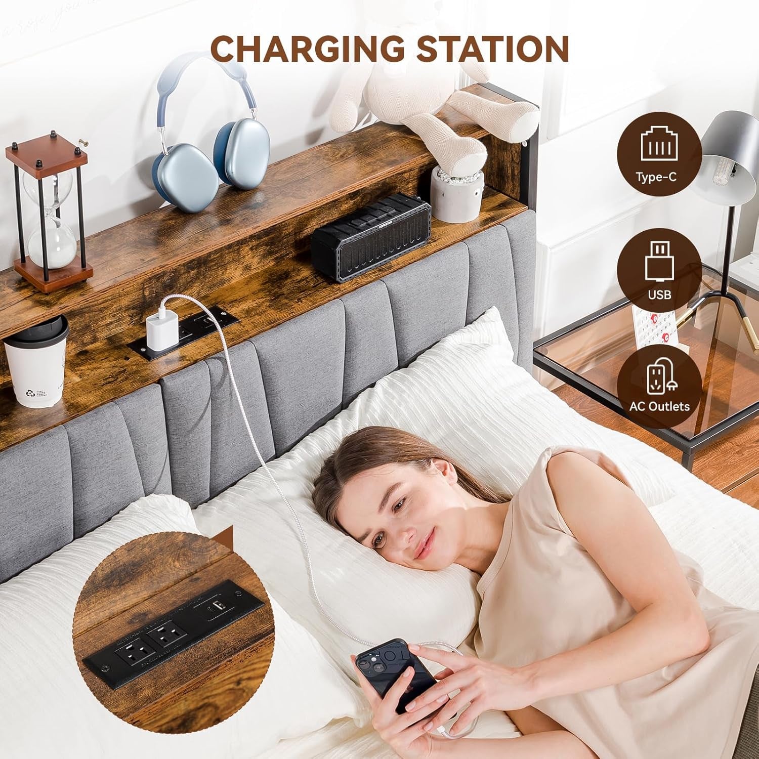 Queen Size Platform Bed Frame with LED Lights and Charging Station, Storage Headboard and Footboard Drawers, No Box Spring Needed, Rustic Wood Look