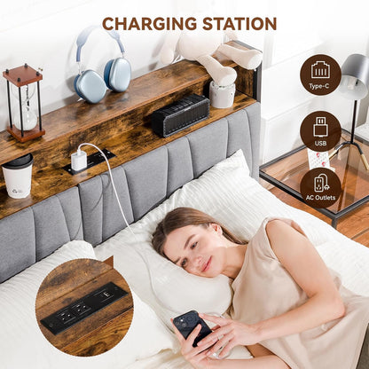 Queen Size Platform Bed Frame with LED Lights and Charging Station, Storage Headboard and Footboard Drawers, No Box Spring Needed, Rustic Wood Look
