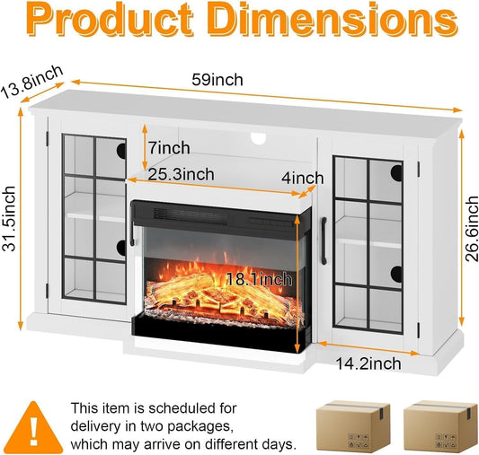 Fireplace TV Stand, 59'' TV Stand with Fireplace, 24'' Electric Fireplace Insert with Realistic 3D Flame Effect and LED Lights, Entertainment Center with Storage, White