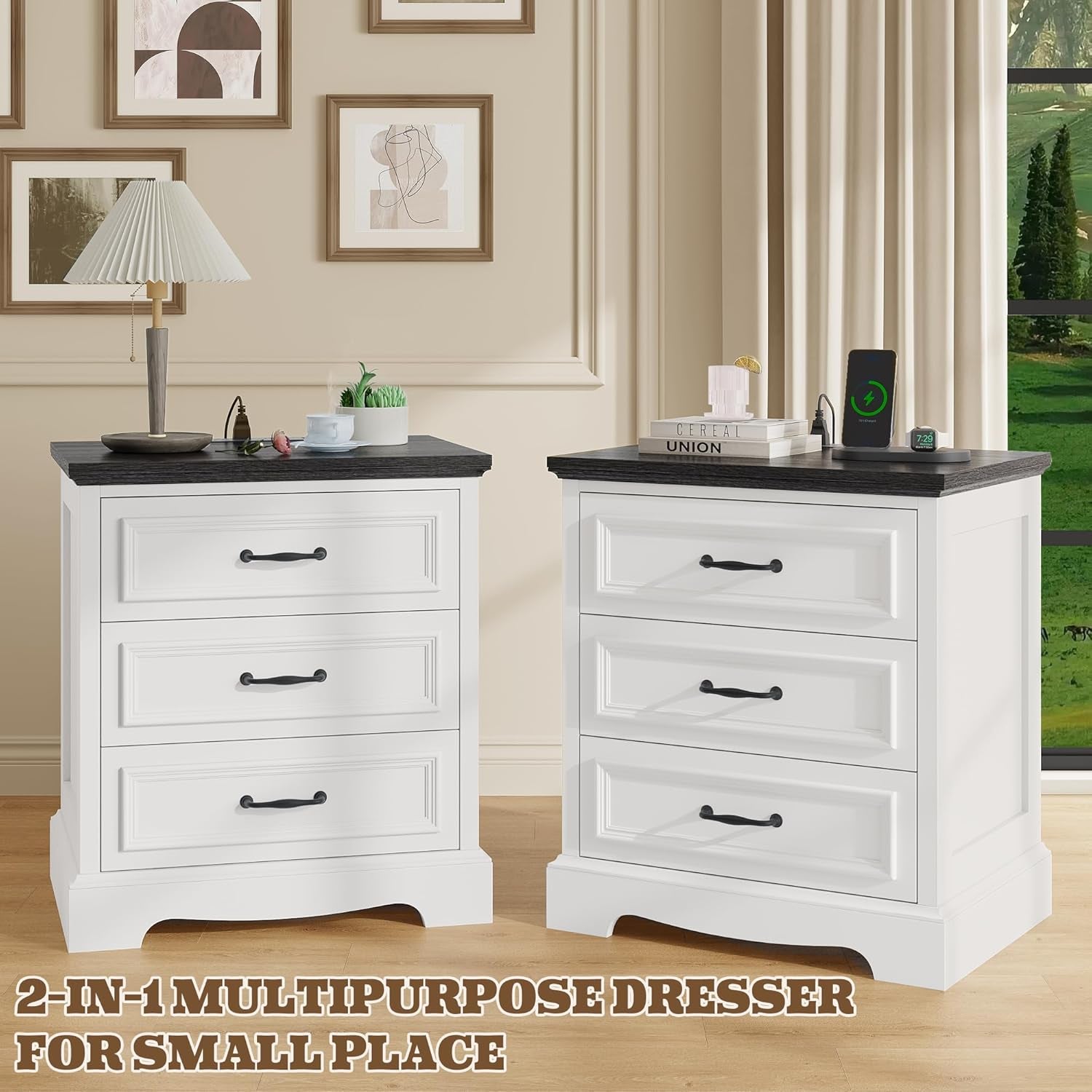 21.7W Farmhouse Nightstand Set of 2 with Charging Station,White End Table with 3 Drawers Storage,Wood Night Stand Side Table,Modern Bedside Cabinet for Bedroom Living Room,Dresser for Small Place (2)