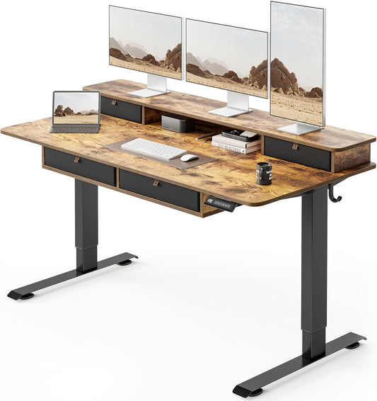55 X 30 Inch Standing Desk with Drawers, Height Adjustable Electric Workstation, Computer Sit Stand up Table with Large Storage Shelf 4 Drawers and 2 Hooks, Rustic Brown