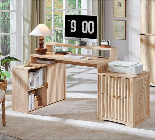 67" Modern L Shaped Desk with Storage Cabinet & Drawers, Wood Home Office Desk with Power Outlets, Fluted Computer Writing Desk, Natural Oak