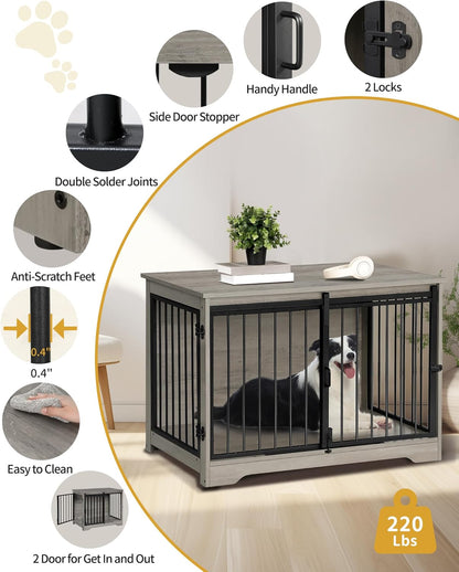27.2" Dog Crate Furniture with Barn Door, Heavy Duty Dog Kennel Indoor with 2 Doors, Wooden Pet Cage End Table for Small Medium Dogs up to 22 Lb, Anti-Chew Anti-Escape, Rustic Brown DFC84301B
