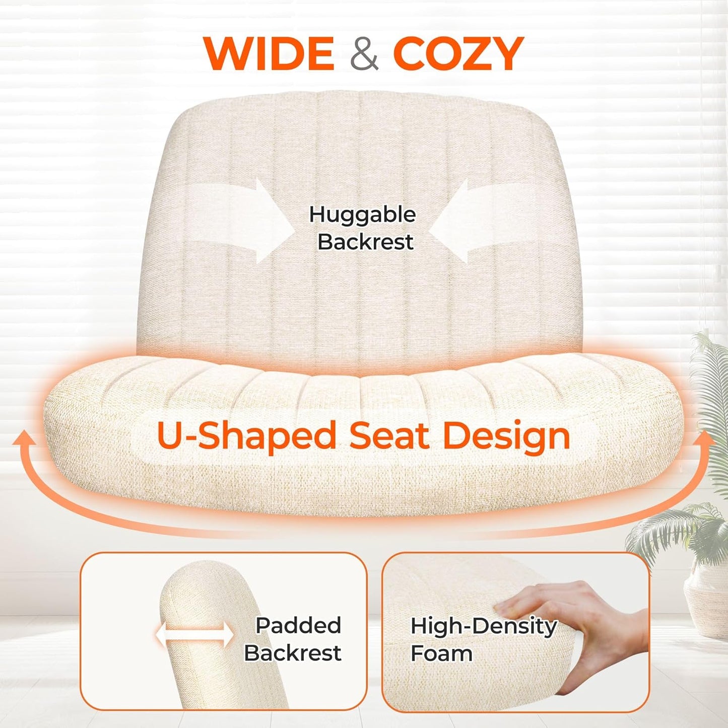 Criss Cross Chair Wheels Wide Cross Legged Office Desk Vanity Chair Comfy Fabric Armless Adjustable Swivel for Home Computer Task (Beige)