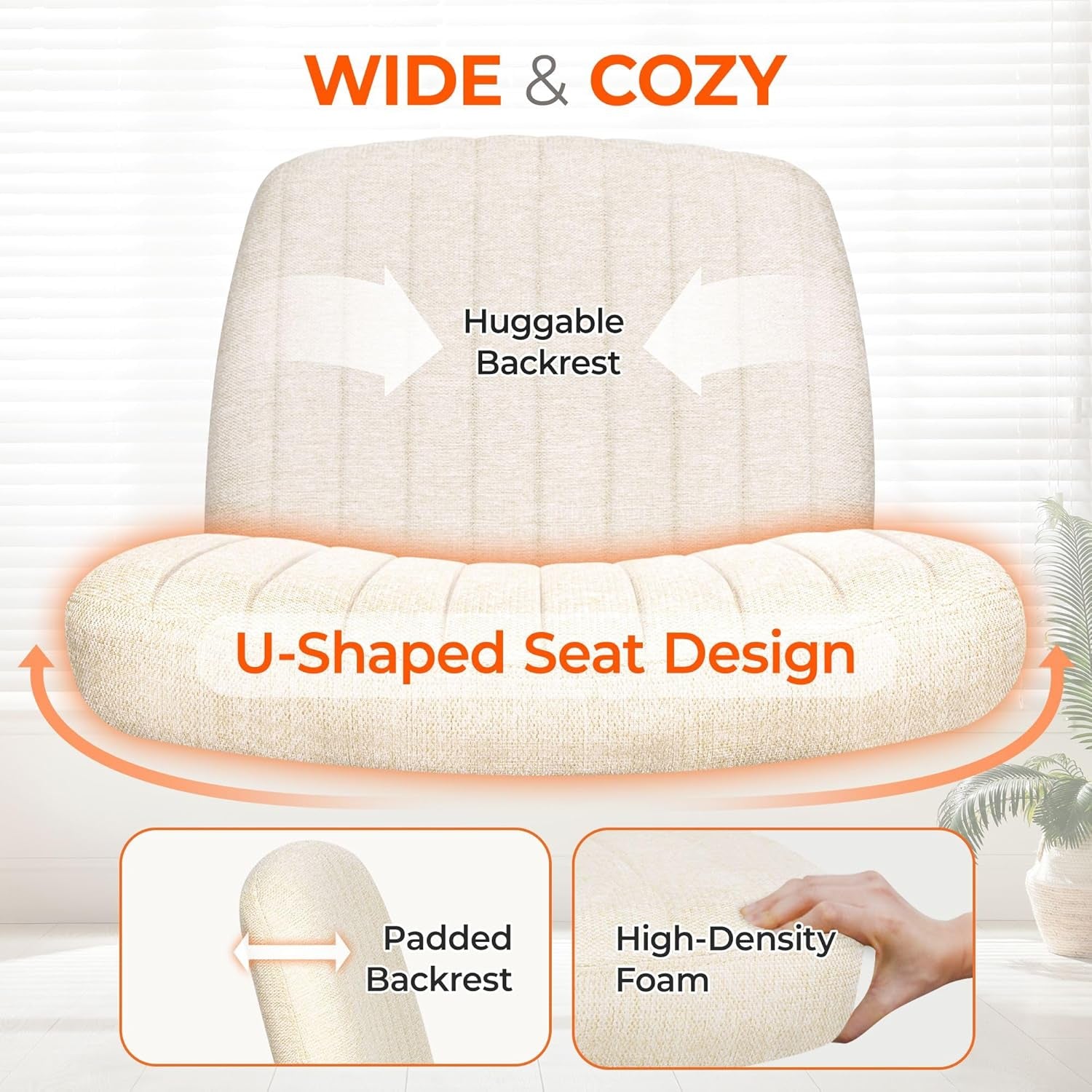 Criss Cross Chair Wheels Wide Cross Legged Office Desk Vanity Chair Comfy Fabric Armless Adjustable Swivel for Home Computer Task (Beige)