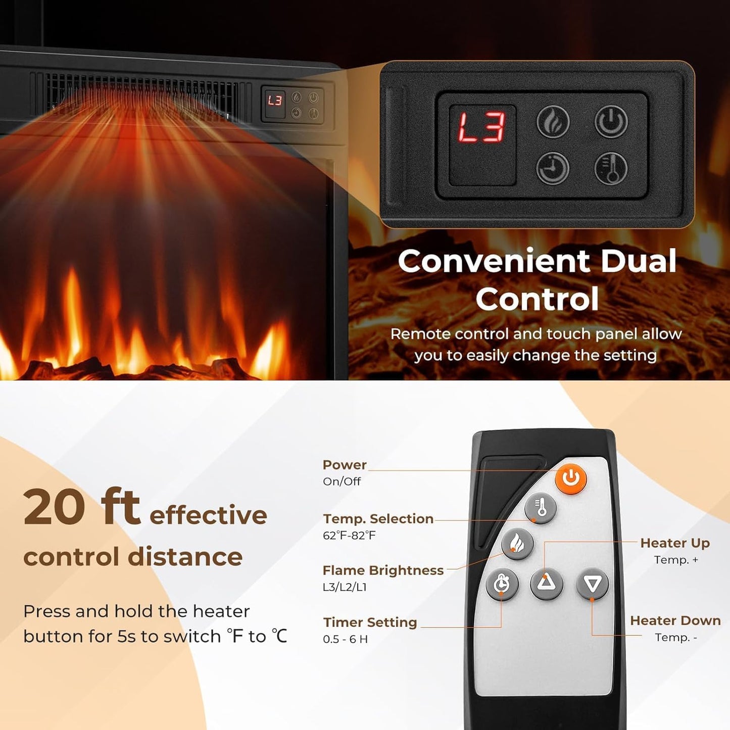 Electric Fireplace TV Stand for Tvs up to 65’’, TV Console with 16-Color LED Light, Adjustable Glass Shelves, 19’’ Fireplace Insert with Remote & APP Control, Entertainment Center (Brown)