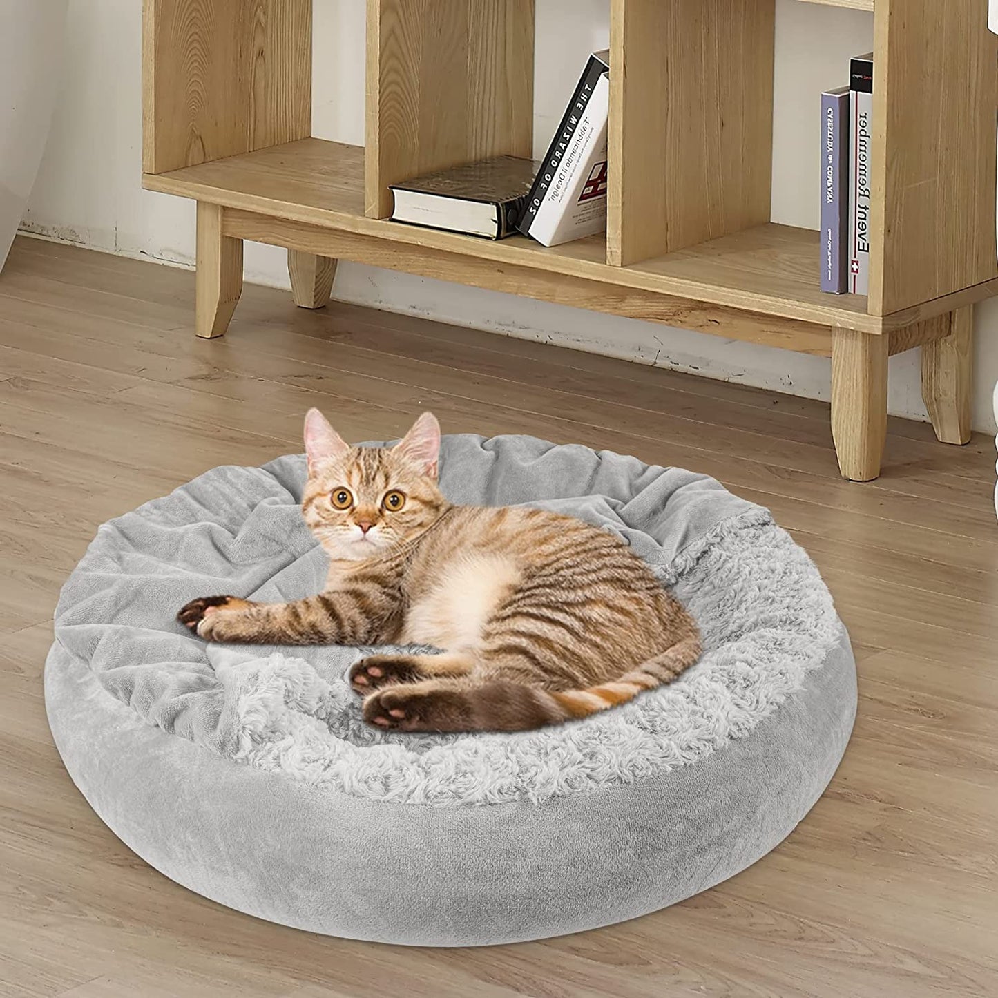 Small Dog Bed Cat Bed with Hooded Blanket, Cozy Cuddler Luxury Puppy Pet Bed, Donut round Calming Anti-Anxiety Dog Burrow Cave Bed - Anti-Slip Bottom and Machine Washable 23 Inch