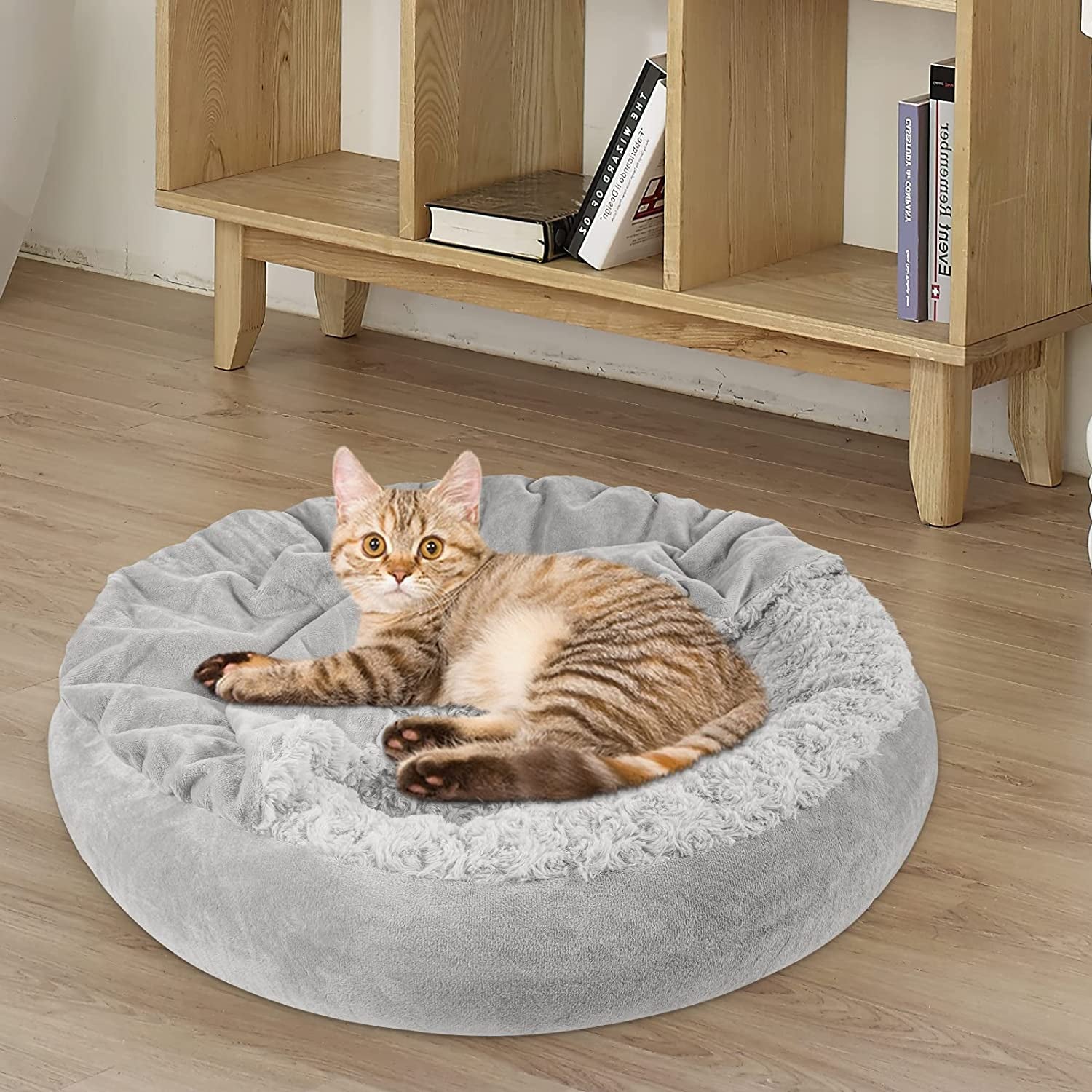 Small Dog Bed Cat Bed with Hooded Blanket, Cozy Cuddler Luxury Puppy Pet Bed, Donut round Calming Anti-Anxiety Dog Burrow Cave Bed - Anti-Slip Bottom and Machine Washable 23 Inch