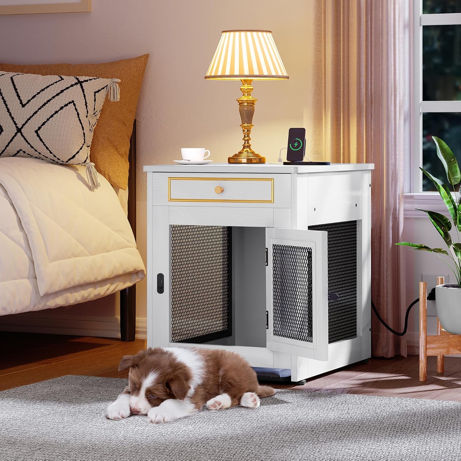 Dog Kennel Furniture with Dual USB Charger, Dog Crate End Table with Tray, Wooden Dog Crate Furniture with Cushion for Small Dogs, Black