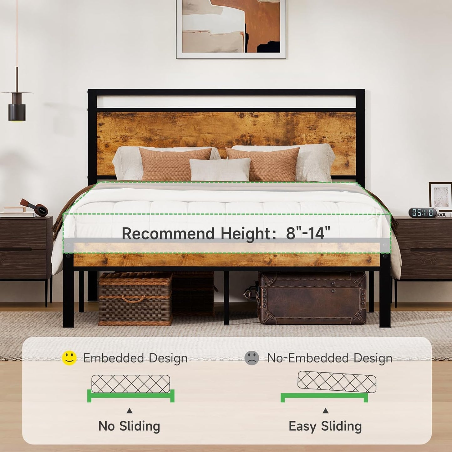 Easy Assembly Sturdy Metal Platform Bed, Queen Size Bed Frame with Headboard & Footboard, Anti-Slip & Silent Support, No Box Spring Needed with Underbed Storage, Modern Bedroom Furniture