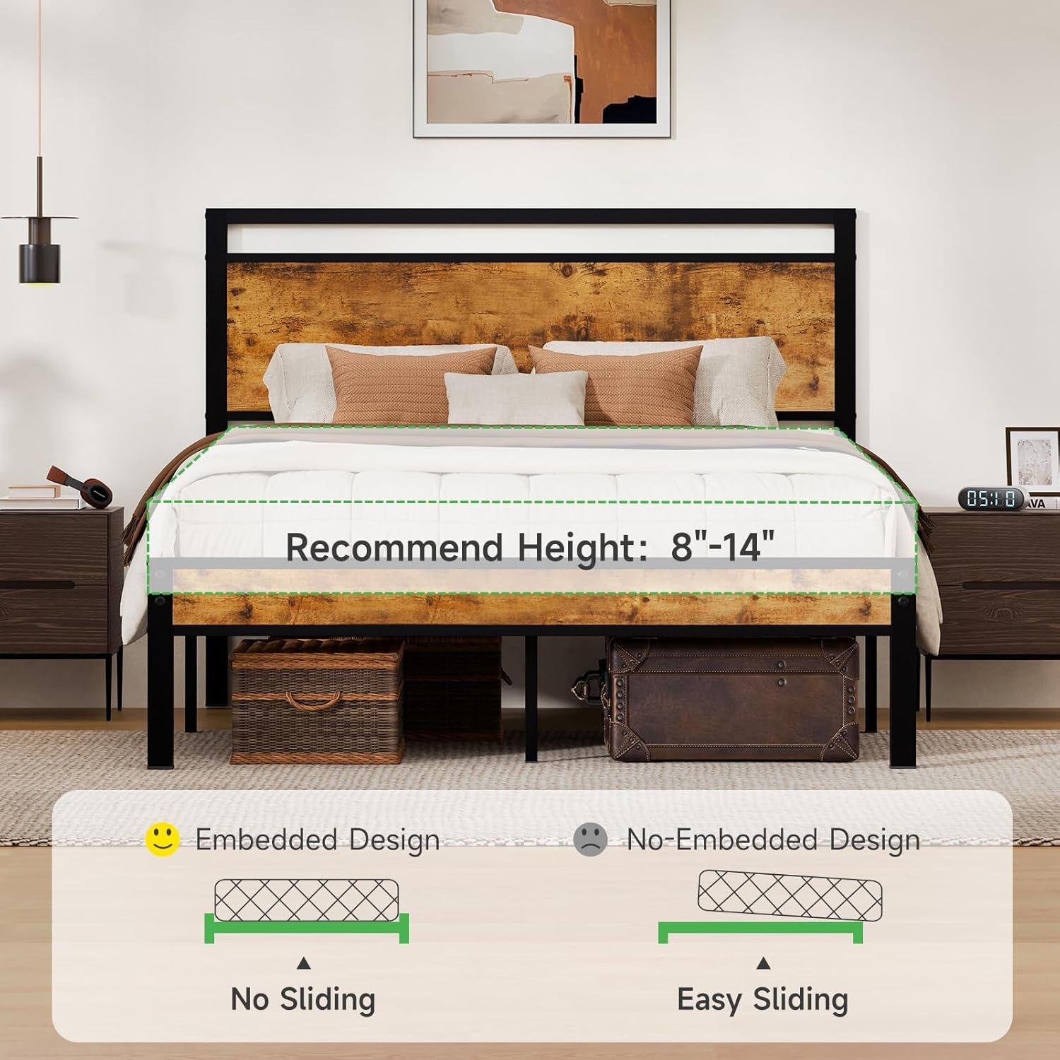 Easy Assembly Sturdy Metal Platform Bed, Queen Size Bed Frame with Headboard & Footboard, Anti-Slip & Silent Support, No Box Spring Needed with Underbed Storage, Modern Bedroom Furniture