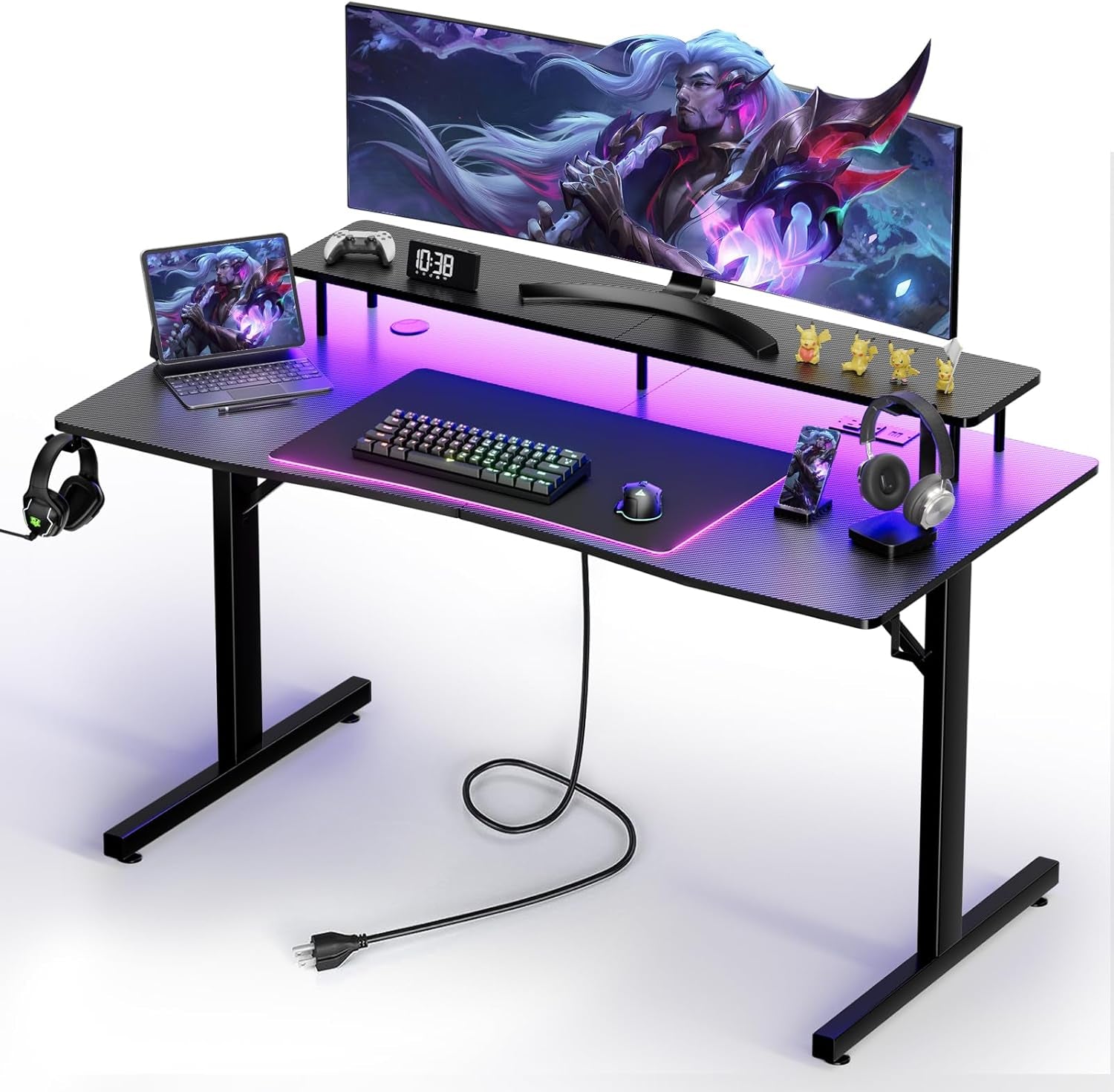 Gaming Desk with LED Lights, 55 Inch Large Computer Gamer Desk with Monitor Stand & Power Outlet, Ergonomic Carbon Fiber Surface Gaming Table with Mouse Pad for Home Office, Carbon Black