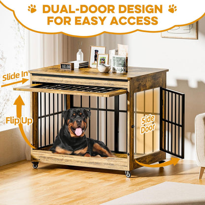 32" Dog Crate Furniture, Double Door Wooden Indoor Dog Kennel Furniture, Decorative Pet Cage End Table with Wheels for Medium and Small Breed Dogs, Size M, Rustic Brown
