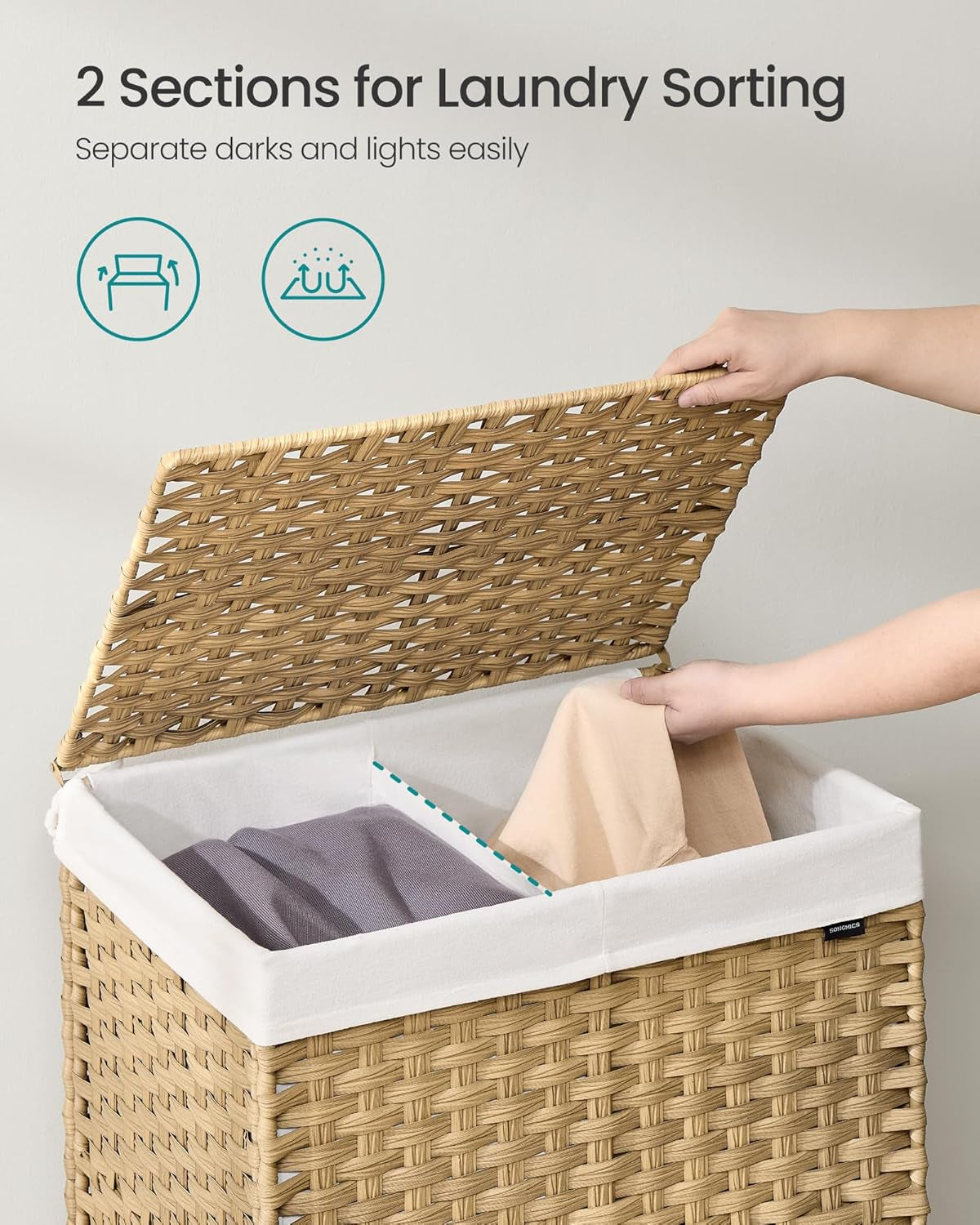 Laundry Hamper with Lid, 38.3 Gallons (145 L), Rolling Laundry Basket with Wheels, 2-Section Synthetic Rattan, Removable Liner, Bedroom, 21.7 X 15.7 X 26 Inches, Natural Color ULCB262Y01