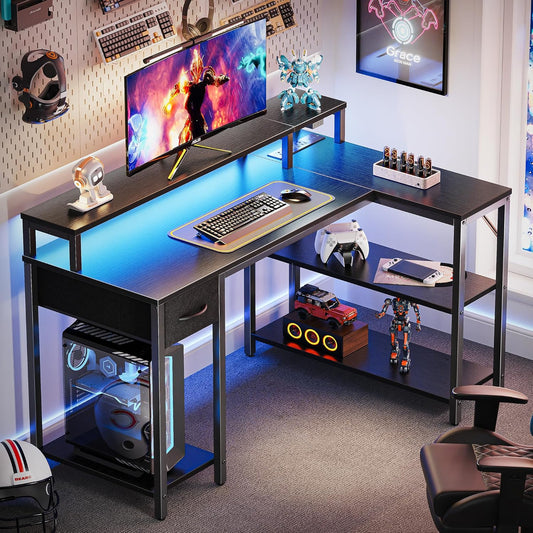 47 Inch L Shaped Gaming Desk with LED Lights & Power Outlets, Reversible Computer Desk with Shelves & Monitor Stand, Corner Desk with Drawer, for Home & Office, Black