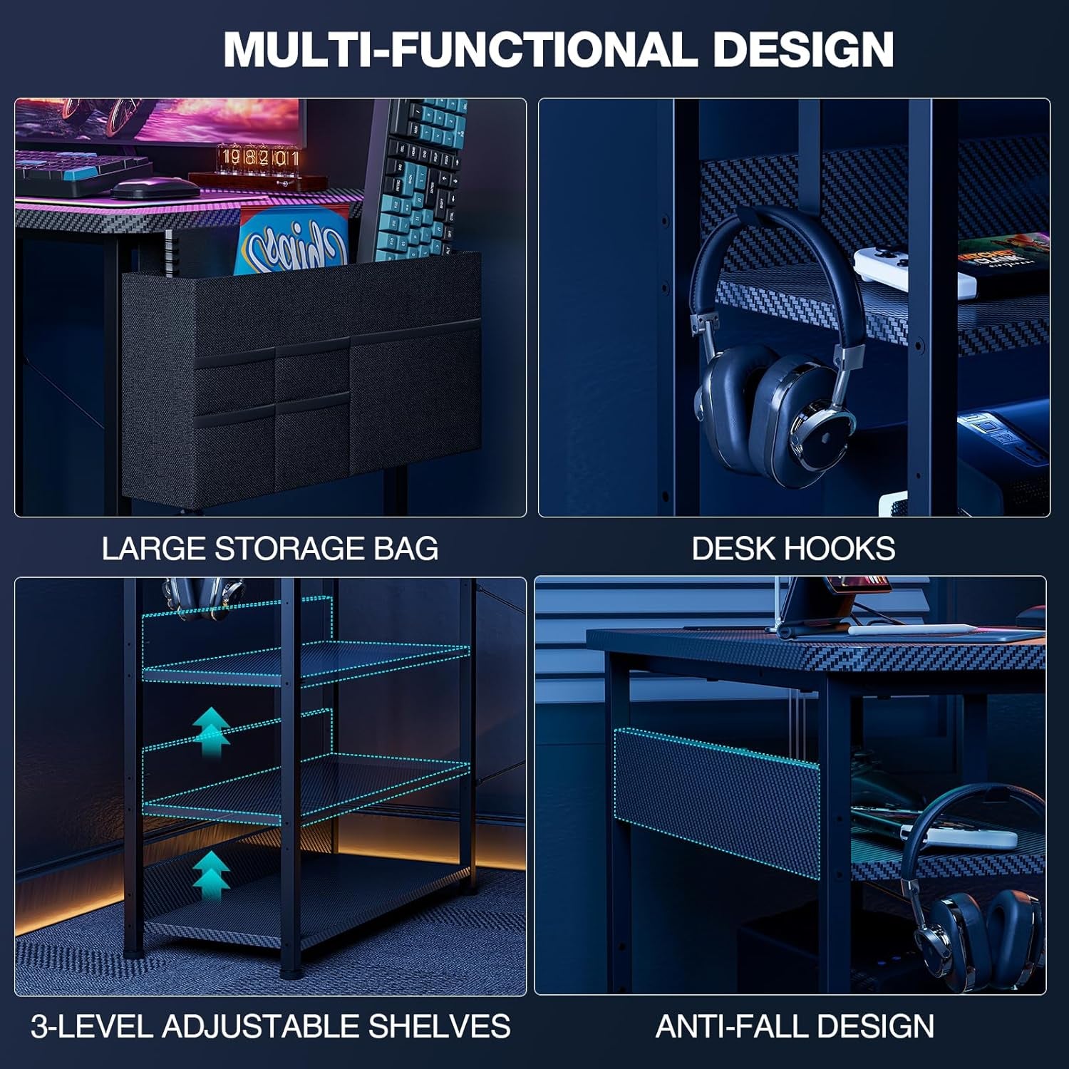 Small Gaming Desk with Power Outlets, 40 Inch L Shaped Desks with Reversible Shelves and Storage Bag,Computer Desk Corner Desk PC Desk for Gaming and Home Office Table,Black Carbon