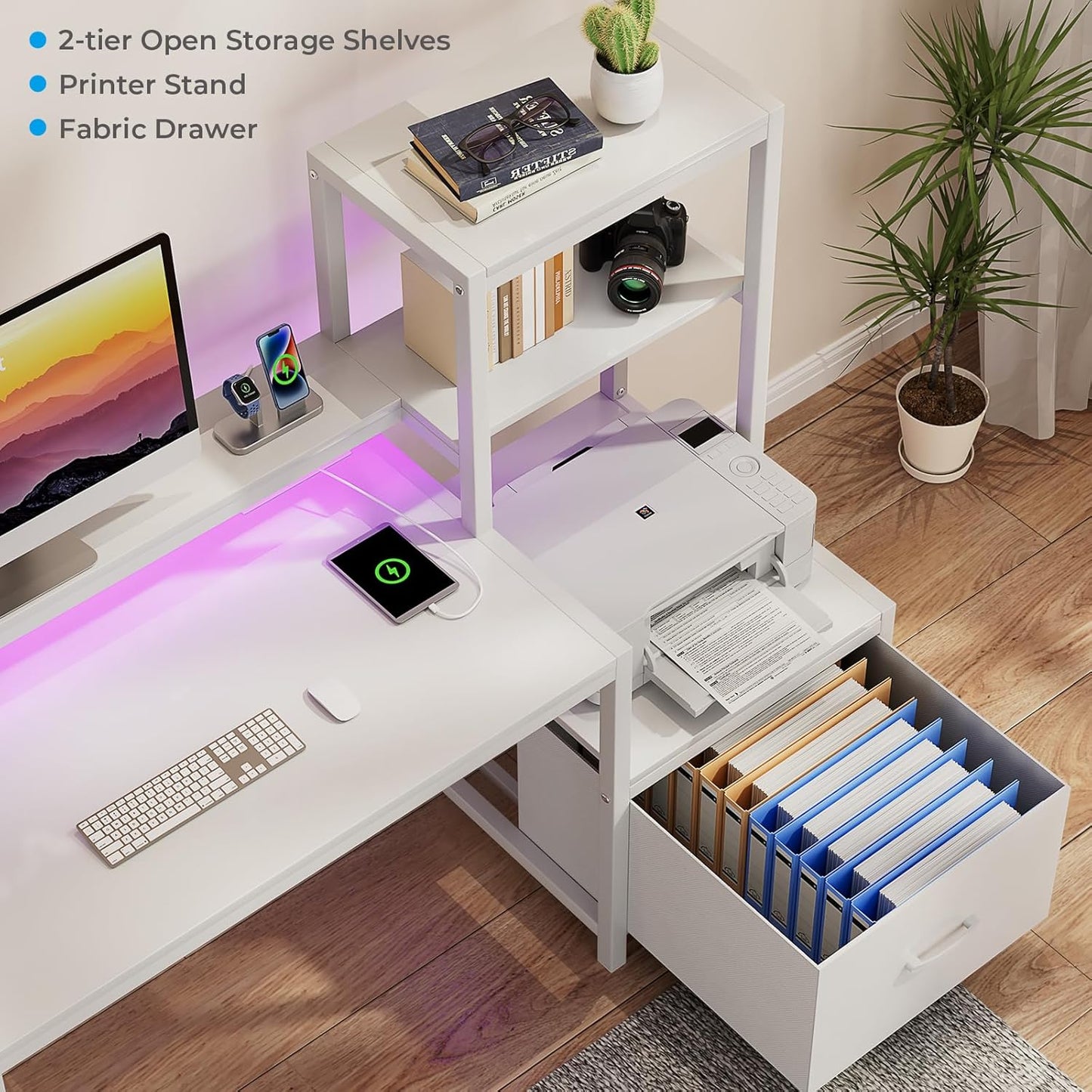 Office Desk with Power Outlets and Printer Shelf, 68.8 Inch Computer Desk with LED and Drawer, Reversible Gaming Desk with Storage for Home Study Working,Walnut