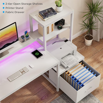 Office Desk with Power Outlets and Printer Shelf, 68.8 Inch Computer Desk with LED and Drawer, Reversible Gaming Desk with Storage for Home Study Working,Walnut