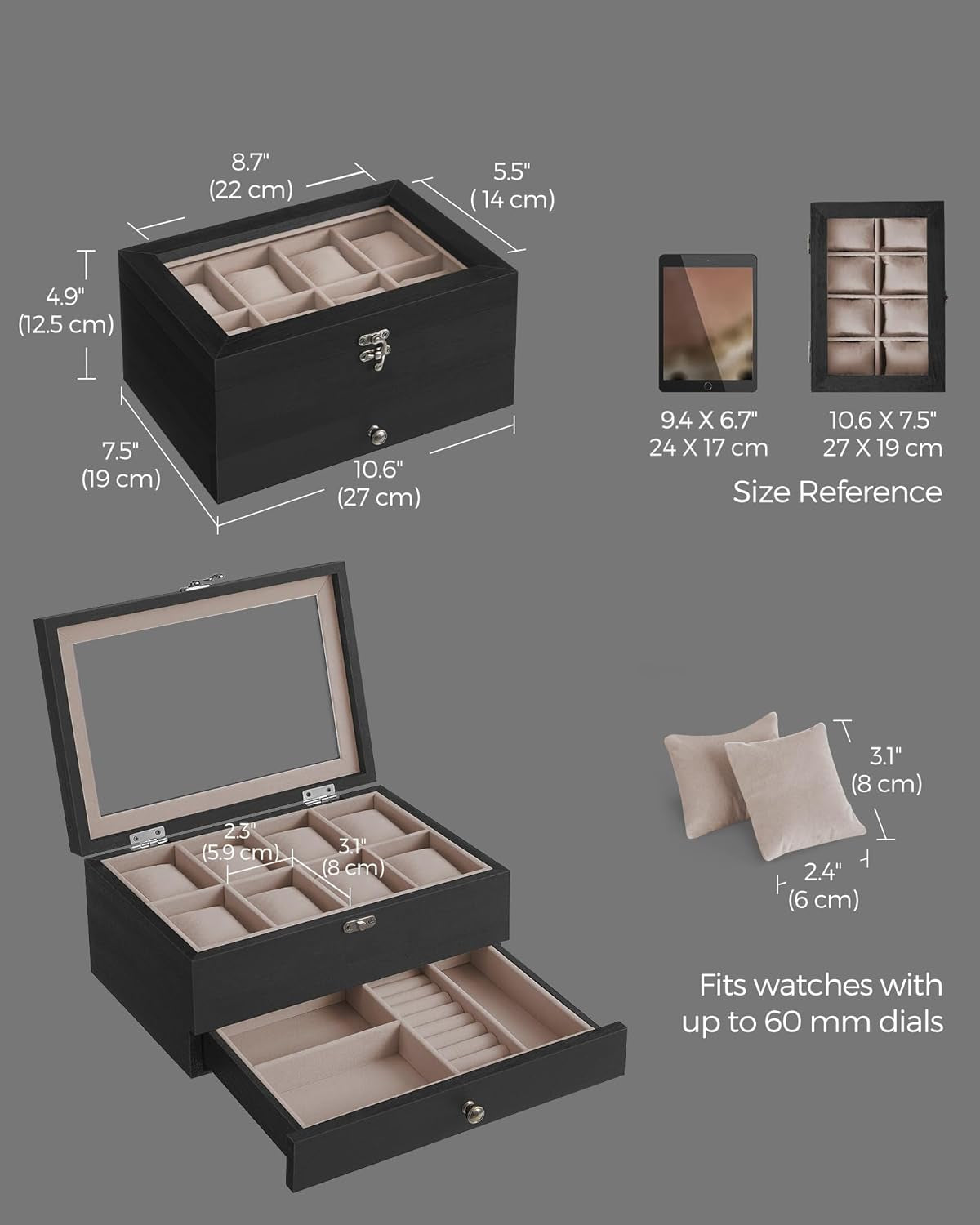 8-Slot Watch Box, 2-Tier Watch Display Case with Large Glass Lid, Removable Watch Pillows, Velvet Lining, Jewelry Box, Gift Idea, Ebony Black UJOW008B01