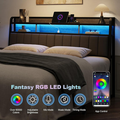 King Headboard Only with Storage, Upholstered Headboards for King Size Bed with LED Light, Charging Station, Height Adjustable, Sturdy and Stable Headboard, Black & Grey