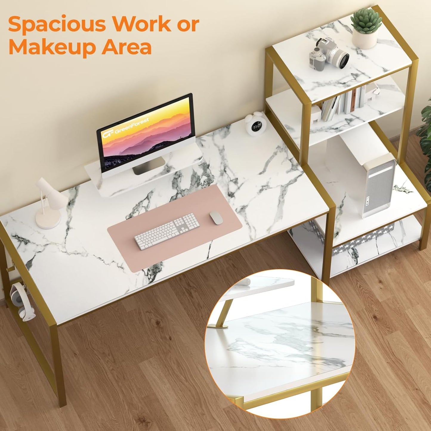 Computer Desk 67 Inch with Printer Shelf, Reversible Office Desk with Monitor Stand and 2 Hooks, Home Desk Workstation for Study Writing Working Gaming, Marble