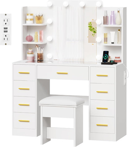 Makeup Vanity Desk with Mirror and Lights White Vanity Table with Glass Top Power Outlet Stool,Makeup Desk with 9 Drawers and 4 Storage Shelves,Dressing Table for Bedroom Women FST39W
