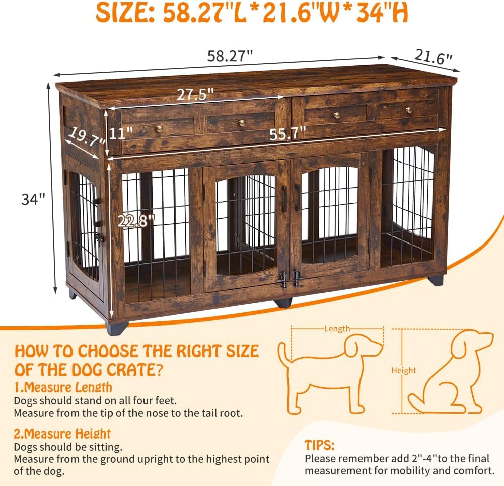 58 Inch Large Dog Crate Furniture - 2-Room Wooden Dog Kennel for 2 Dogs/Large Breeds, Crate TV Stand End Table with Storage Drawers, Indoor Dog House with Openable Divider
