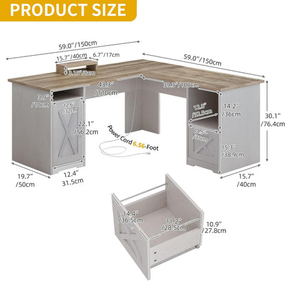 L Shaped Desk with File Drawer, 60" Corner Computer Desk with Power Outlets, Home Office Desk with Monitor Stand & Storage Shelves & File Cabinet, Grey Wash
