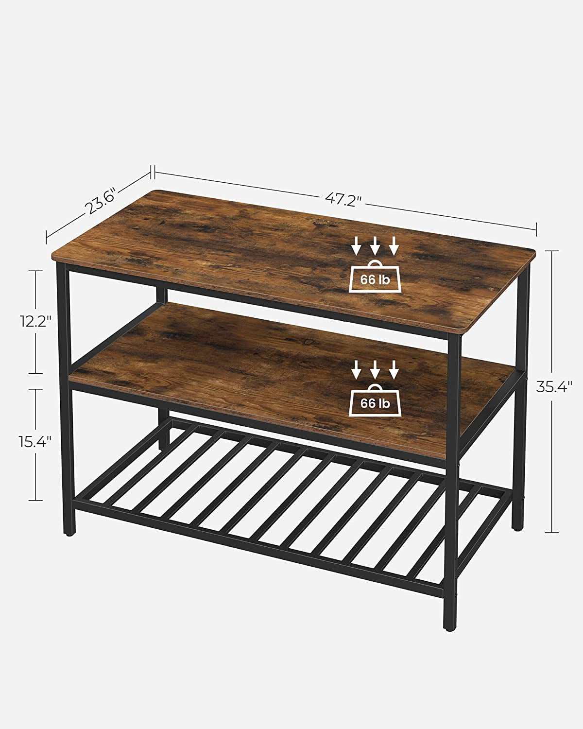 Kitchen Island with 3 Shelves, 47.2 Inches Width Kitchen Shelf with Large Worktop, Stable Steel Structure, Industrial, Easy to Assemble, Rustic Brown and Black UKKI01BX