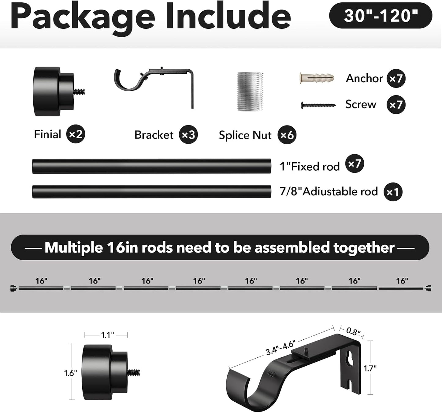 Heavy Duty Curtain Rods for Windows 66 to 120 Inch, 1 Inch Adjustable Black Curtain Rod Set with Easy Installation and Modern Design (A1,Black,30-120")