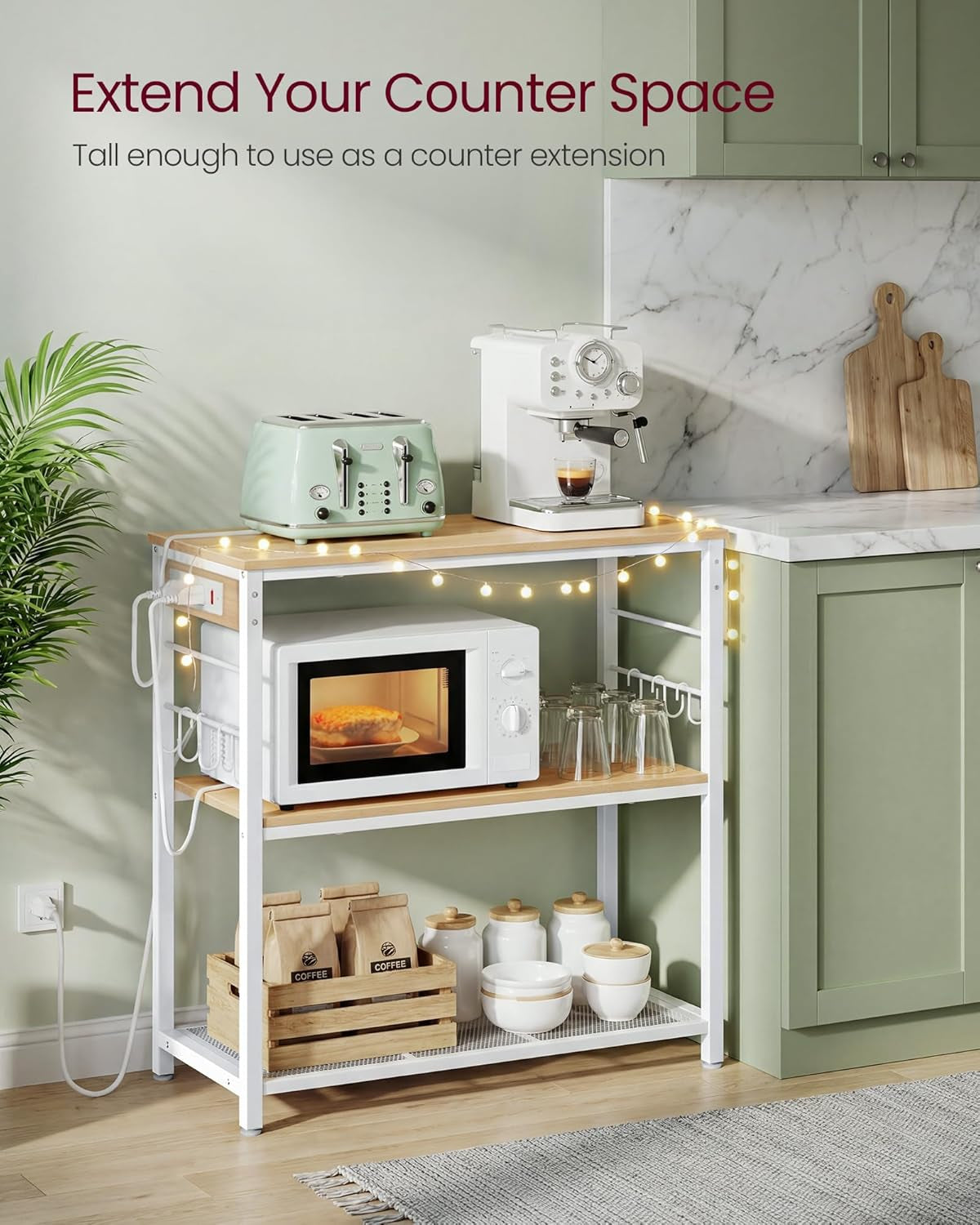 Kitchen Island with Power Strip, Microwave Oven Stand, Kitchen Shelf, Baker'S Rack with 3 Open Shelves, 6 Hooks, Metal Frame, 15.7 X 31.5 X 35.4 Inches, Goldean Oak and White UKKI102YA02S