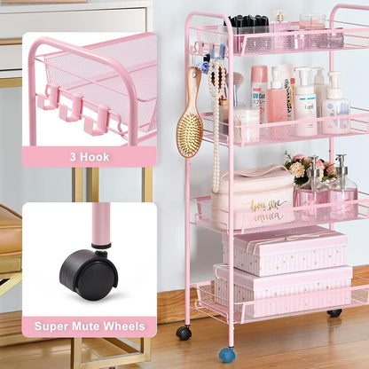 4 Tier Rolling Utility Cart - Durable Metal Design Pink Utility Cart, Storage Trolley on Wheels with 3 Hooks, Perfect for Kitchen, Bathroom & Laundry Room Organization