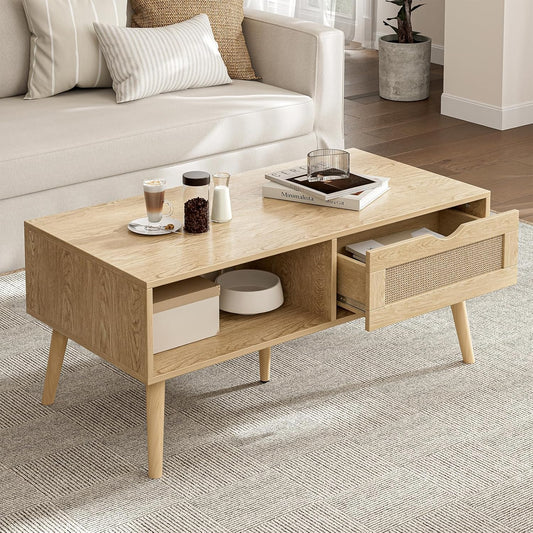 Coffee Table with Storage, Boho Dining Table with Rattan Drawer and Solid Wood Legs, Small Coffee Tables for Living Room, Oak