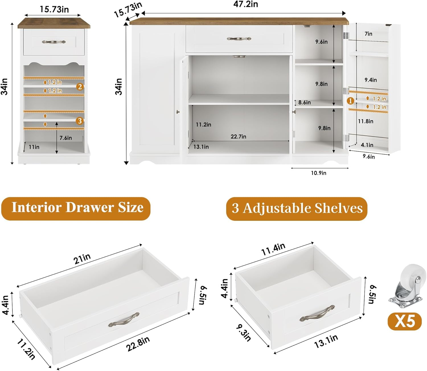 Kitchen Island Cart with Storage, 47'' Kitchen Storage Island on Wheels with 2 Drawers, Rolling Island Table with Adjustable Shelves, Mobile Buffet Sideboard Cabinet for Dining Room, White