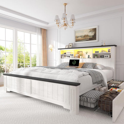 Queen Bed Frame with Headboard and Storage, 4 Drawers and LED Built in Charging Station Bed Frame Queen Size with Storage Farmhouse, NO Noise,No Box Spring Needed, White